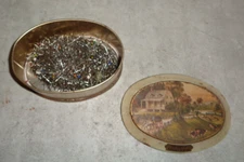 VINTAGE SUMMER CURRIER & IVAS OVEL TIN FULL OF STICK PINS 4 X 6 X 3 #