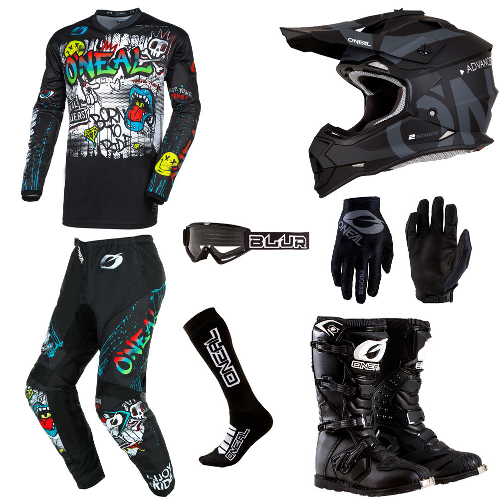 O&apos;Neal Element v&period;24 Rancid motocross gear Jersey Pants Gloves Boots Helmet combo