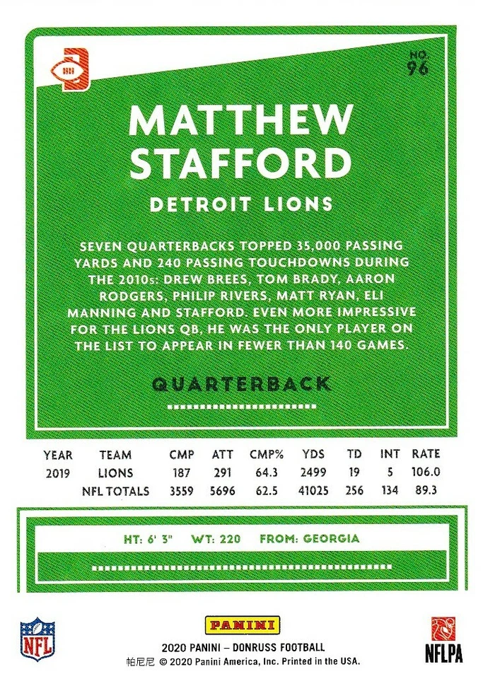 2020 DONRUSS BLUE PARALLELS VARIATIONS MATTHEW STAFFORD LIONS PRESS PROOF B3548 - Image 2 of 2