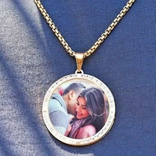 10K Gold Round Stone Memory Picture Pendant 1"-1.8"