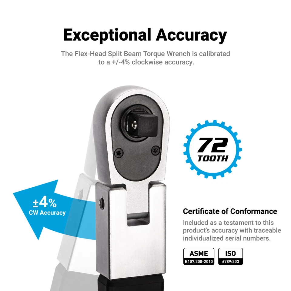 Capri Tools 1/2 in. Drive 50-250 ft/lbs Flex-Head Split Beam Torque Wrench - Image 3 of 4