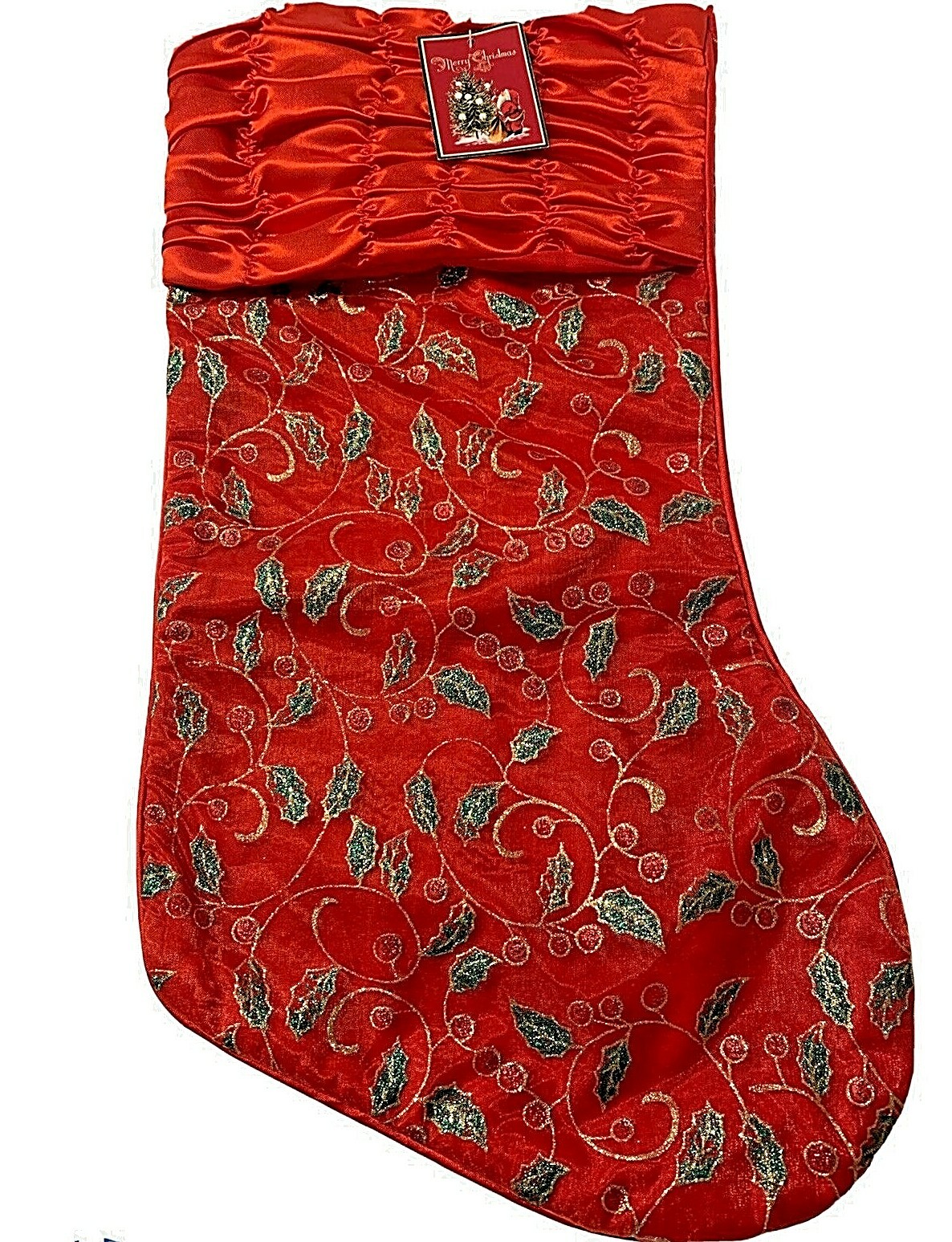 Sparkly Red & Green Taffeta Christmas Stocking with Gathered Top and Tag
