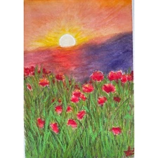 Poppies landscape painting, sunset, original watercolor , oil pastel art 8 x 12