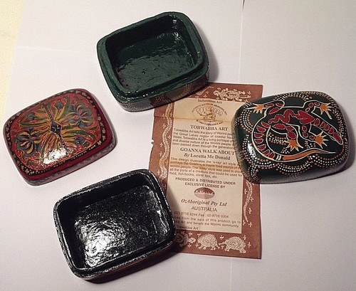 Set of 2 Australian Aboriginal WoodBoxes TOBWABBA ART Goanna Walk About handmade - Foto 2 di 10