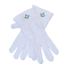 White Cotton Gloves Green Scottish Rite Masonic Compass & Square with G XLFG015