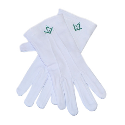 Weiße Baumwollhandschuhe grün schottischer Ritus Freimaurer Kompass & Quadrat mit G XLFG015