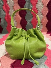 Cole Haan Pebbled Leather Lime Green Y2K Drawstring Bucket Bag Purse EUC