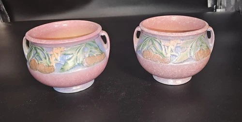 PAIR Roseville Baneda Pink 1932 Vintage Art Deco Pottery Jardinieres 626-4
