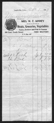 Mrs. W.F. Kinney Meats Groceries Game Oysters Leadville, CO 1919 Billhead