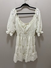 Liberty Love White Textured Tiered Mini Dress – Size L – Puff Sleeve Peasant NWT
