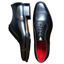 Handmade Black Genuine Leather Cap Toe Dress Office Oxford Lace Up Shoes For Men