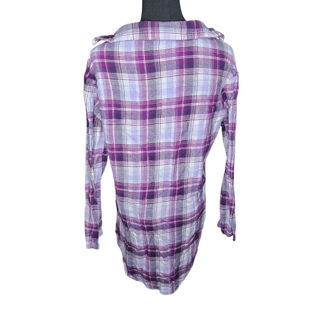 Collections Etc Medium Purple Plaid Button Down Long Tunic Shirt