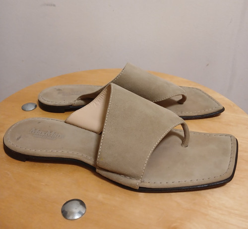 Max Mara Suede Toe Ring Slide Sandals Taupe Greige Square Toe Italy EU 38