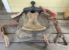 Vintage Tooled Leather Western Saddle  Floral Design  Restoration or Decor