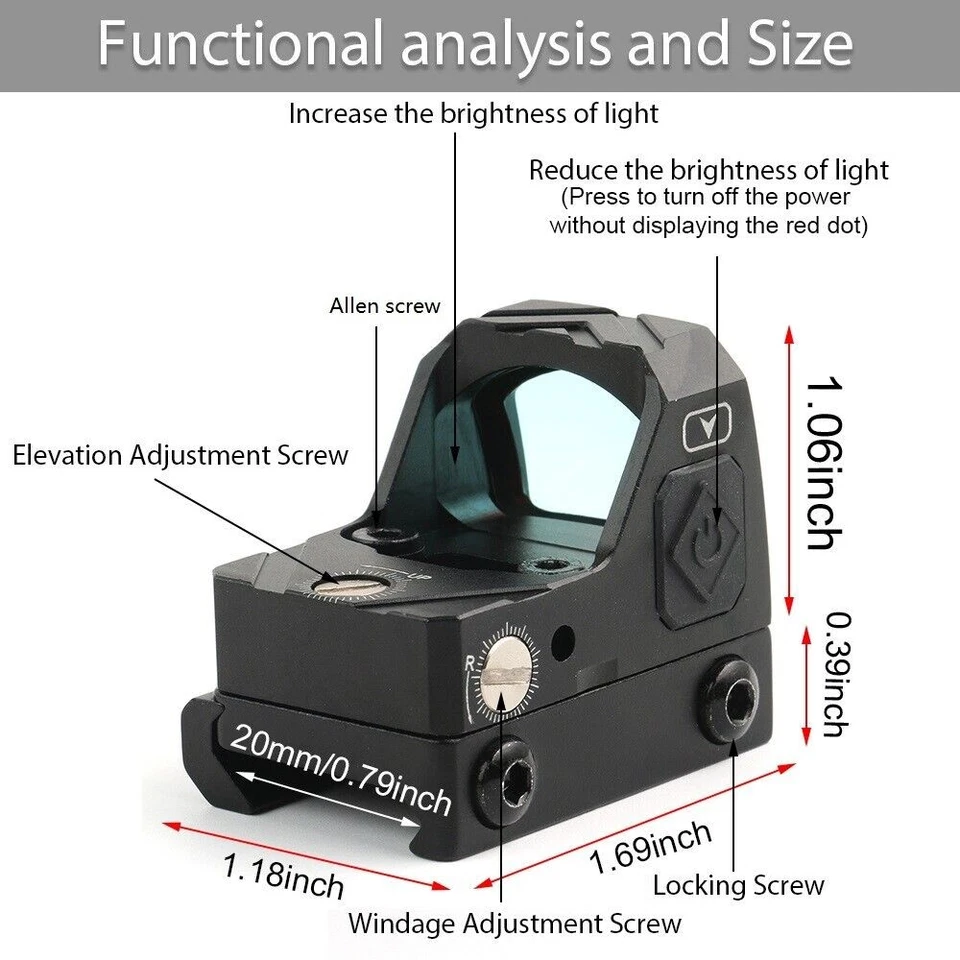 Mini Reflex Red Dot Sight Shake Awake Optic Sight 2MOA 12 Brightness Adjustment - Image 4 of 4