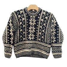 Vintage 100 Wool Nepal Fair Isle Snowflake Sweater Black Cream Mens XL Heavy