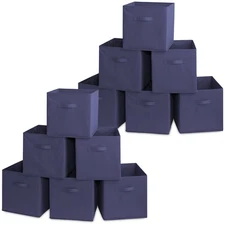 12 Collapsible 13" Fabric Cubby Cube Storage Bin Baskets for Shelves - Navy Blue