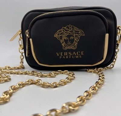 Versace Parfums Black and Gold Medusa Logo Crossbody Bag Purse