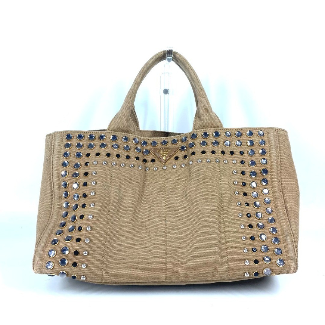 Prada Canapa Logo Studded Canvas Tote Shoulder Bag in Beige