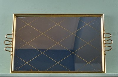 Vintage Serving Tray 1950s 60s - Glass & Brass - Gold Diamond Pattern