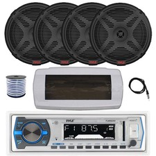 Pyle Bluetooth Marine Receiver, Cover, Antenna,Wire, 4x 6.5" 600W Black Speakers