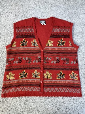 Vintage Southern Lady Sweater Vest Womens XL Red Leaf Fair Isle USA Autumn
