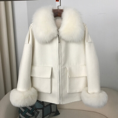 DRESSLAVE fox cashmere short ｗ jacket Womens Cashmere Wool Real Fox Fur Collar Zip Detachable Lined