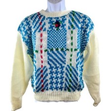 80s Mainframe Womens Sweater White Blue Pink Green Geometric Flowers Medium