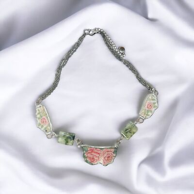 Hand Crafted Antique Roses Broken Lynns Bone China Necklace With Prehnite Stones