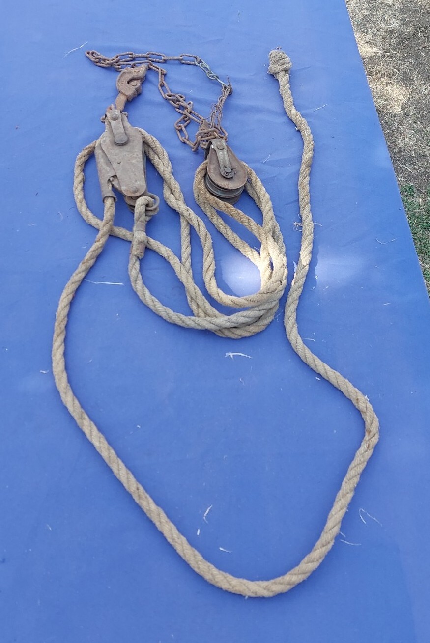 Working Rustic Block Tackle Double Wheel Pulleys Rope Fence Stretcher