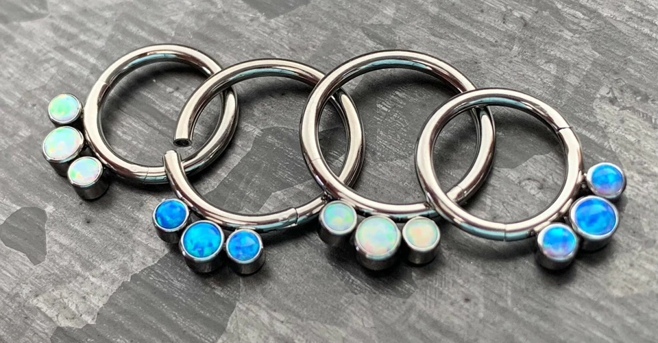 1pc Solid Titanium 3 Bezel Set Opals Hinged Segment Ring Helix Septum Clicker - Image 2 of 4