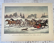Currier and Ives Print 1952 Trotting Snow Forge Horses 16x11 Reprint