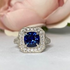 Cushion Cut Simulated Sapphire Women's Pretty Halo Ring In 14k White Gold Plated