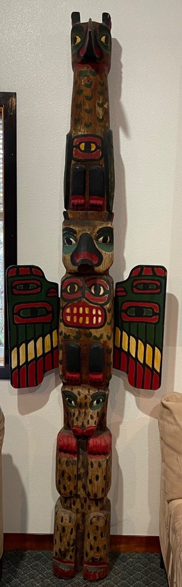 Antique Artist Casper Mather Totem Pole 8' Northwest Carved Wood
