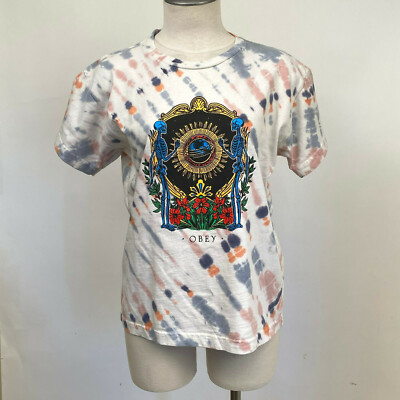 Obey Women's Box T-Shirt Bone Heads Pink Agate Tie Dye SM NWT Shepard Fairey