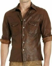 Men's Leather Shirt Real Lambskin Lederhemd Jacket Biker Slim Fit Cuir Brown