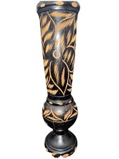 Vintage Hand Carved Etched Wooden 11 'Tall Pedestal Vase in Dark Wood Signed