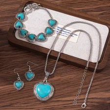 3pcs Women's Vintage Turquoise Bracelet Necklace Earrings Set, Healing Stone