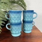 Vintage Set of 4 Anchor Hocking Fire King Blue Diamond Kimberly Milk Glass Mugs