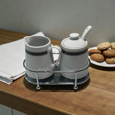 Pottery Barn Cafe Creamer Sugar Set w/Spoon Lid White Black Stripe French Bistro