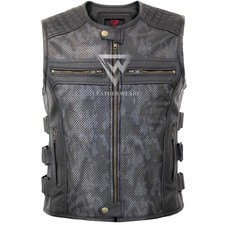 Men  s Cowhide Leather Camo Perforated Biker Vest Concealed Carry Diamond Quilted