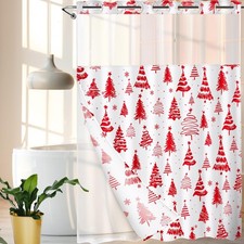 Red Christmas Tree No Hook Christmas Shower Curtain with Snap in Liner, Doubl...