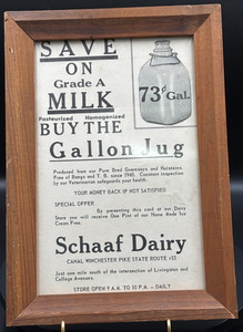 1950s Framed Schaaf Dairy Ad Window Card MILK 73¢  Cents Canal Winchester Ohio