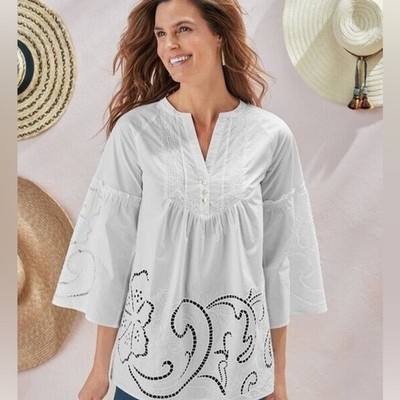 Soft Surroundings Flora Eterna Tunic White Embroidered Cut Out Size Large