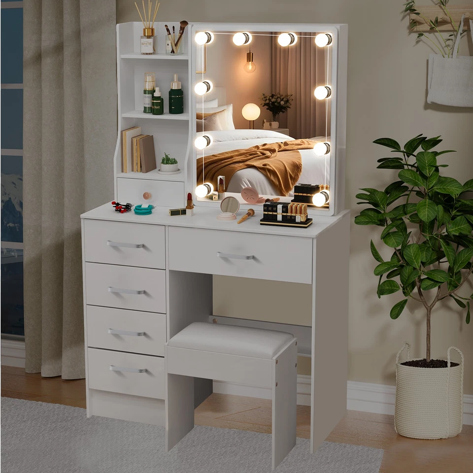 Modern Dressing Table Set w/ LED Lights Mirror and 6 Drawers & Stool Vanity Desk - Image 2 of 4