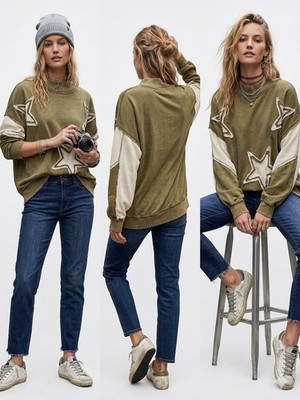 Blue Mist Women's Green/White Star Graphic Mock Neck Oversized Sweatshirt L
