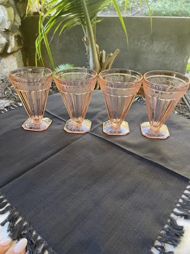 Jeannette Adam Pink Depression Glass Footed Tumblers Set of Four Vintage 1930s