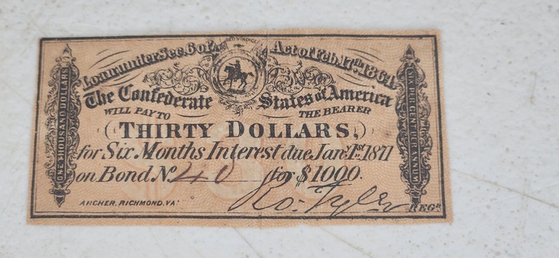 The Confederate States Of America 30 Dollar Bond Note Currency 