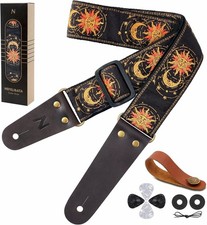 Elegant Sun & Moon Embroidery Guitar Strap with Full-Grain Leather for Musicians