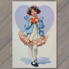 POSTCARD Sweet Victorian Girl Blue Dress Holding Heart Soft Pastel